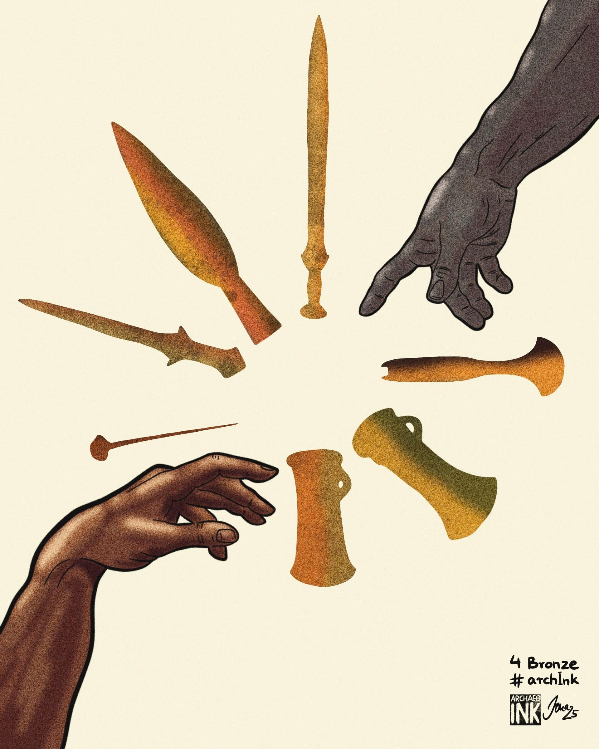 archInk illustration of bronze artefacts and hands