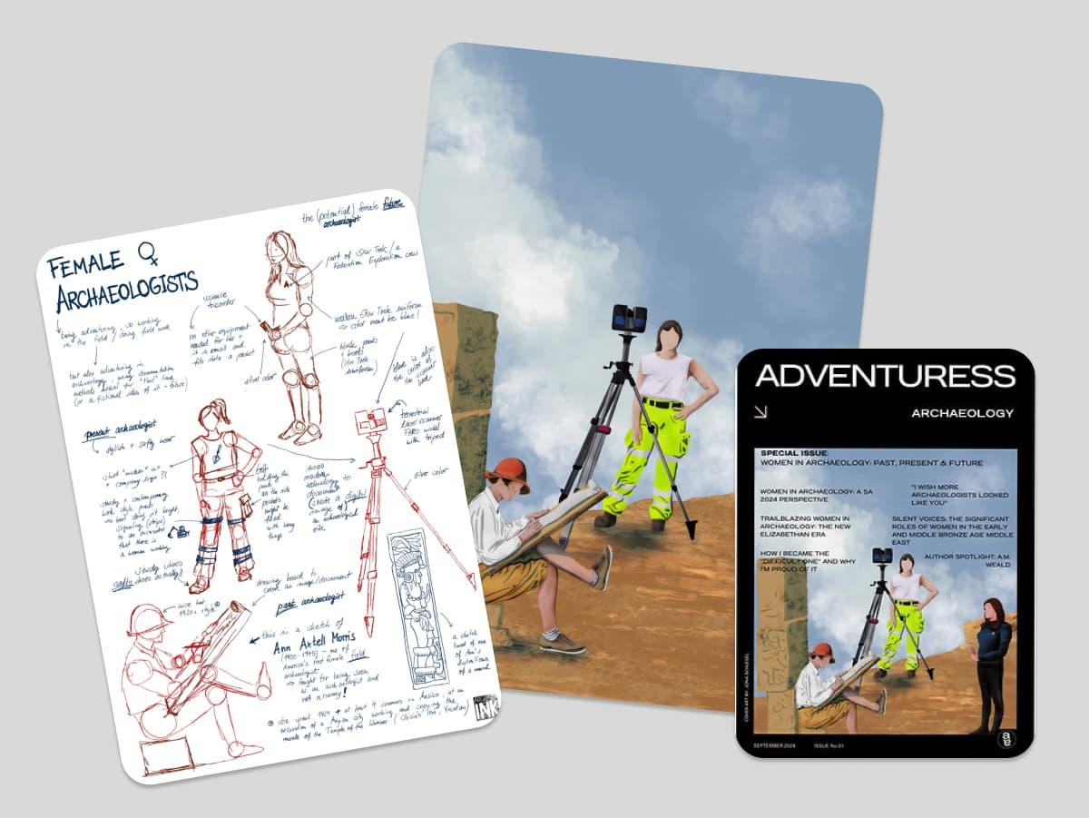 Adventuress Journal Cover – Cover illustration concept for Adventuress Archaeology Journal celebrating women in archaeology across past, present, and future through scientific illustration and character design.