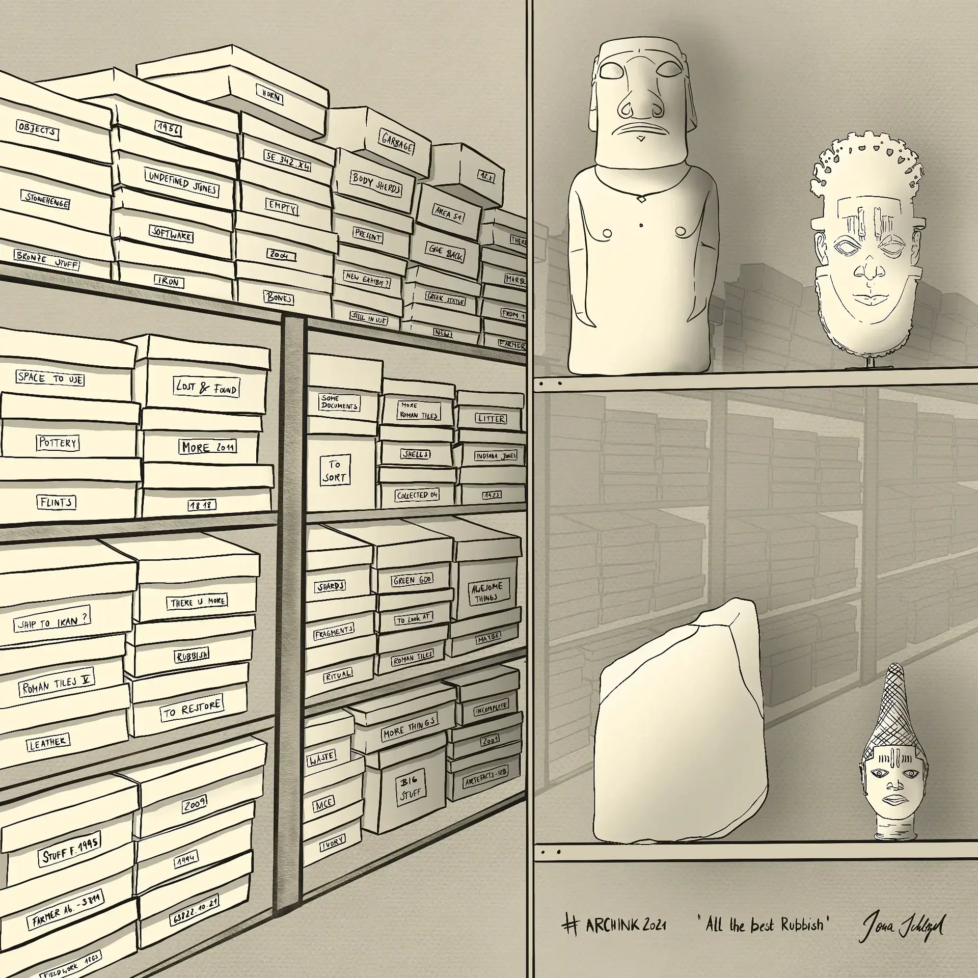 archInk Drawing Challenge 2021 – Inaugural `#archInk` challenge — daily archaeological ink drawings on iPad responding to prompts from archaeology book titles such as "In Small Things Forgotten" and "Uncommon Ground".