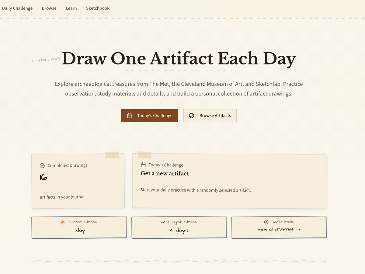 Archaeology Journaling – Daily archaeological illustration practice app providing timed drawing sessions with open-access artefacts from The Met, Rijksmuseum, Smithsonian, and global heritage collections.