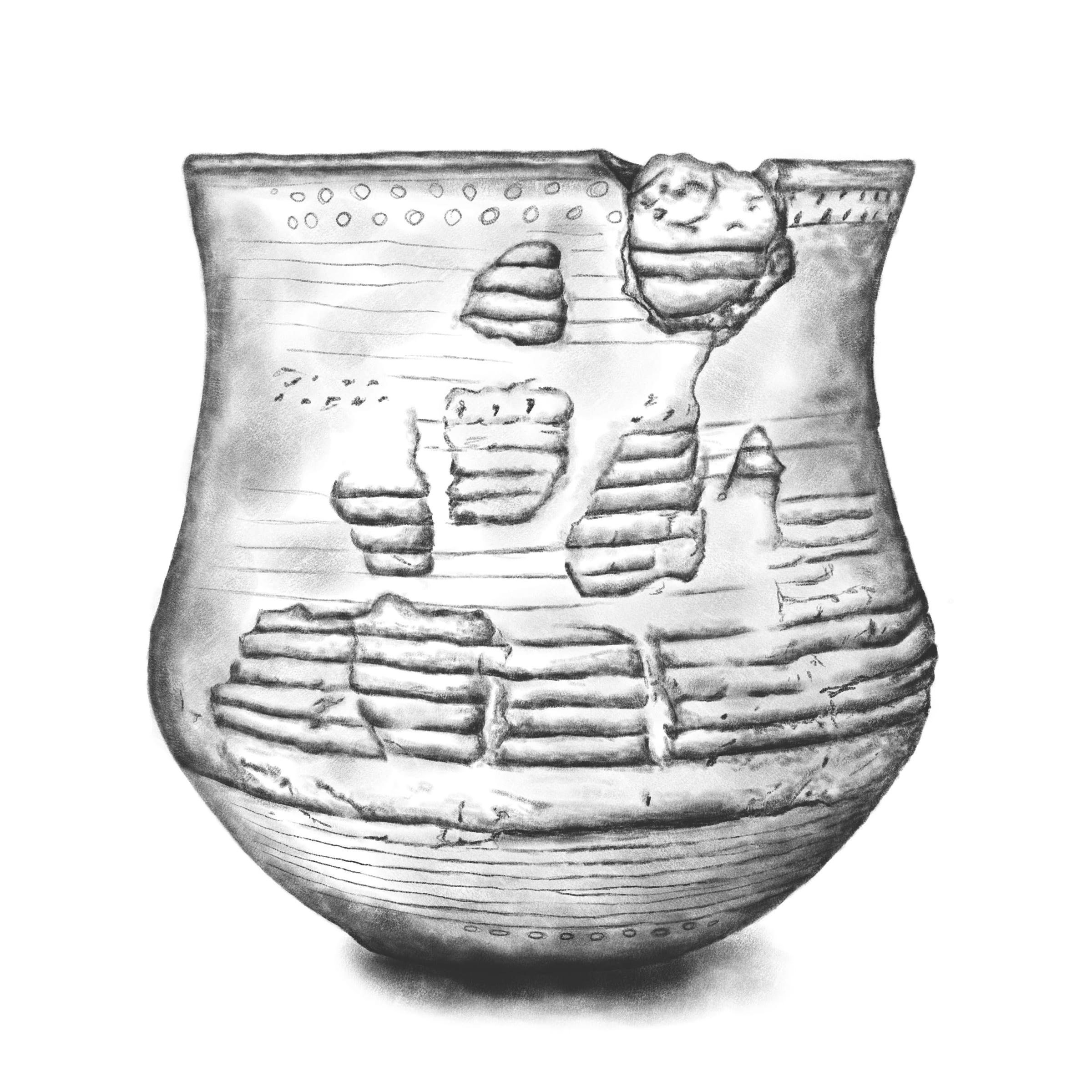 Black-and-white archaeological drawing of a Bell Beaker vessel