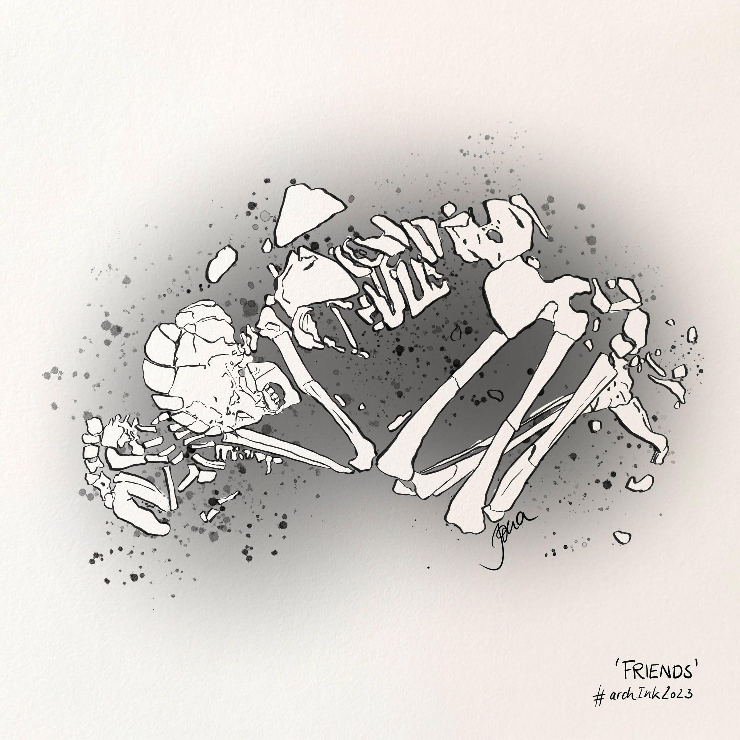 Ink drawing of a human and dog burial