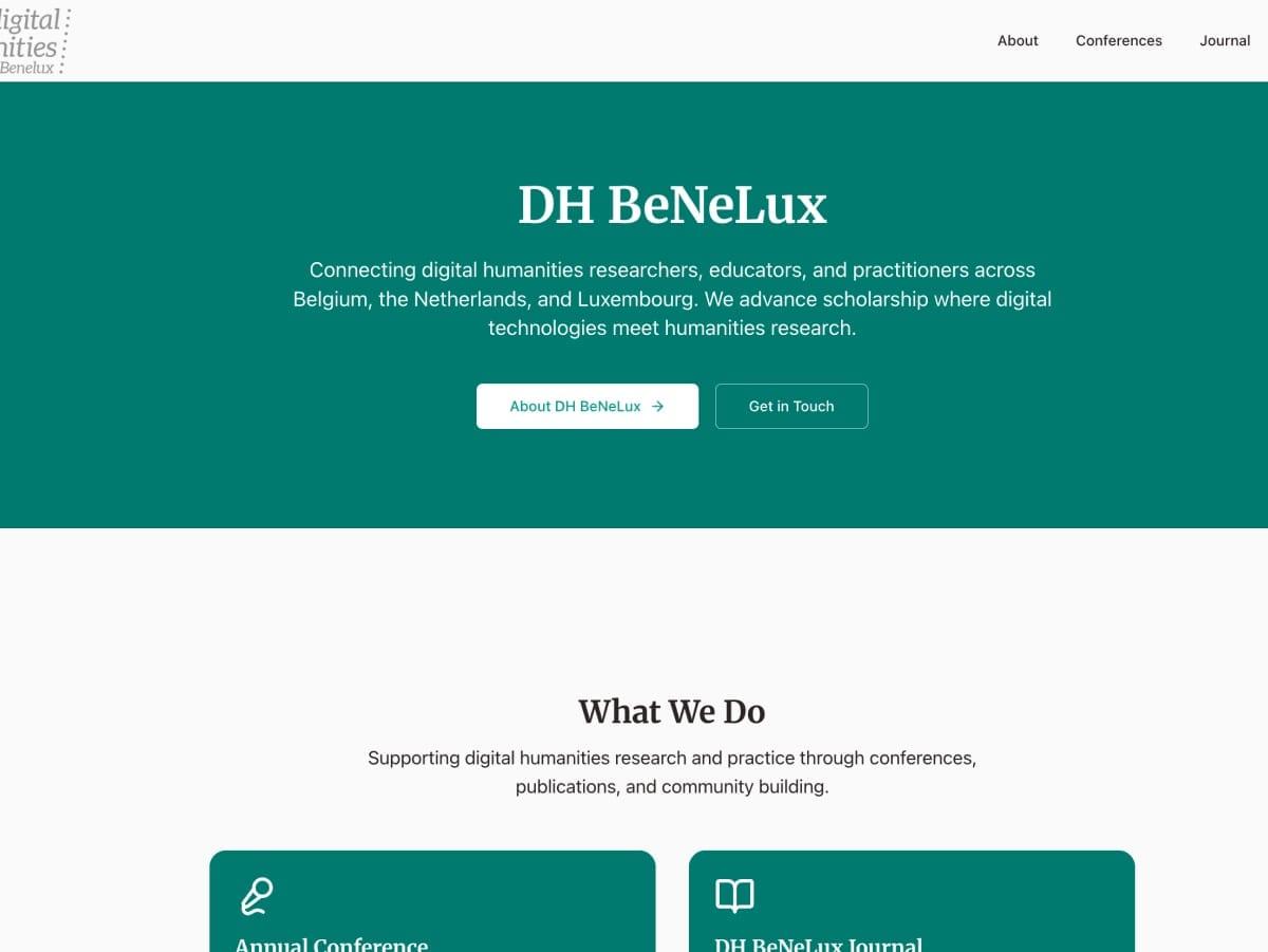 DH BeNeLux – Custom Next.js website redesign for the Digital Humanities BeNeLux community — interactive conference maps, dynamic schedules, and open-access journal archive integration.