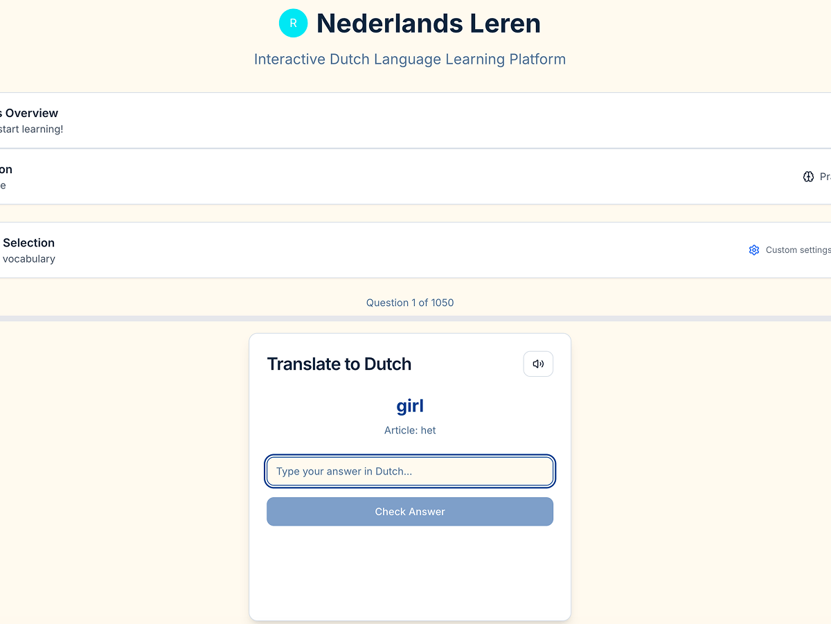 Dutch Learning Platform – Interactive React web app for self-directed Dutch language learning — vocabulary drills, article training, verb conjugation exercises, and grammar tests with spaced repetition.