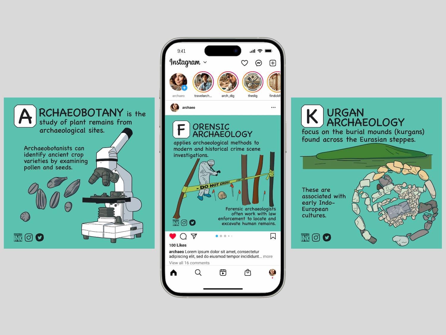 Exploring Archaeological Disciplines – Comic-style scientific illustration series debunking archaeology stereotypes by showcasing the true interdisciplinary breadth — from bioarchaeology and forensics to landscape survey and GIS.