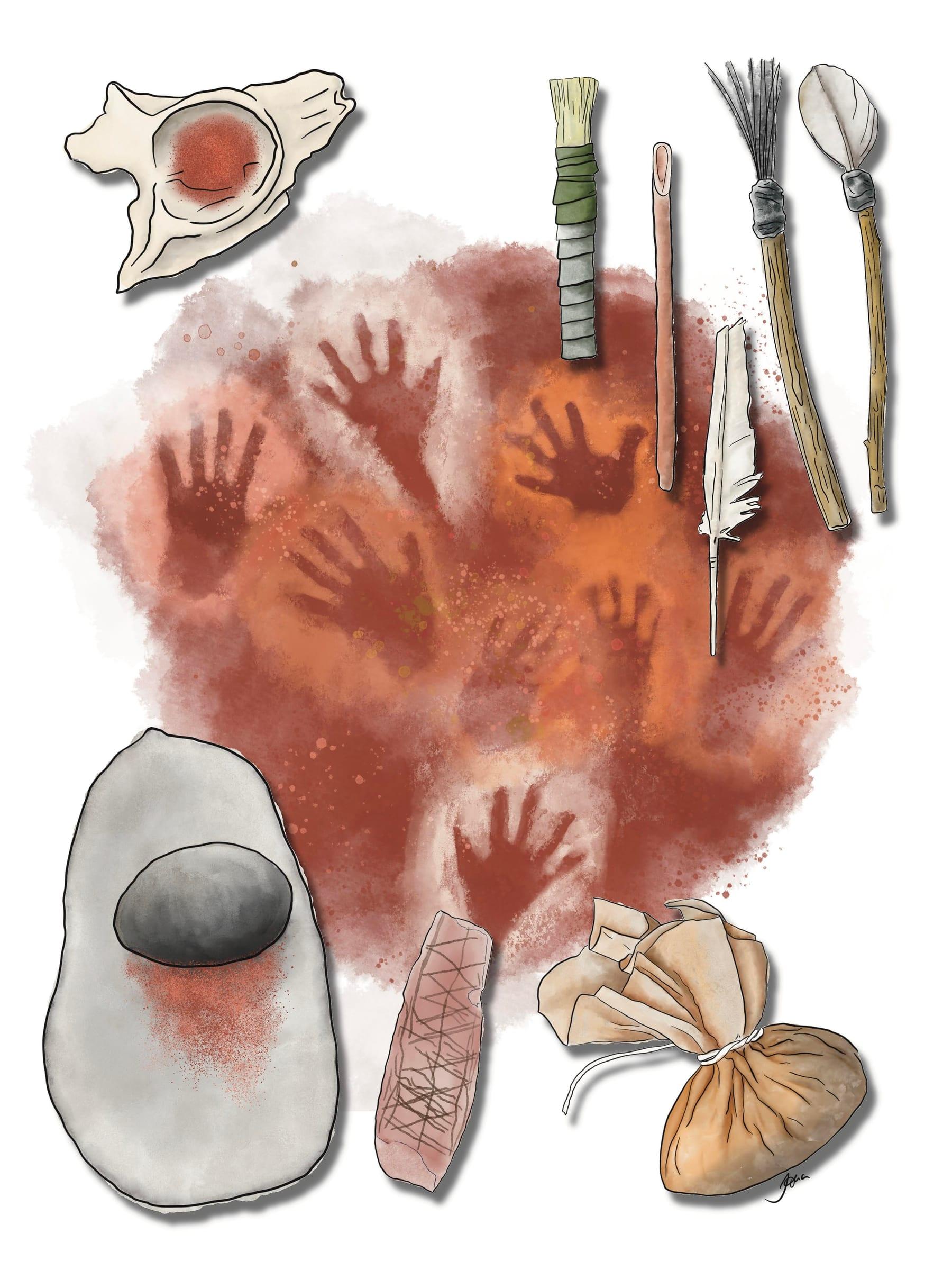 Illustrated study of ochre pigments, hand stencils and painting tools