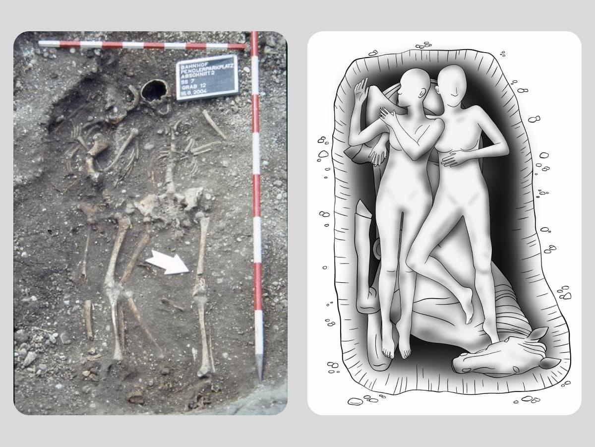 Archaeological drawing and digital painting of a Roman burial reconstruction