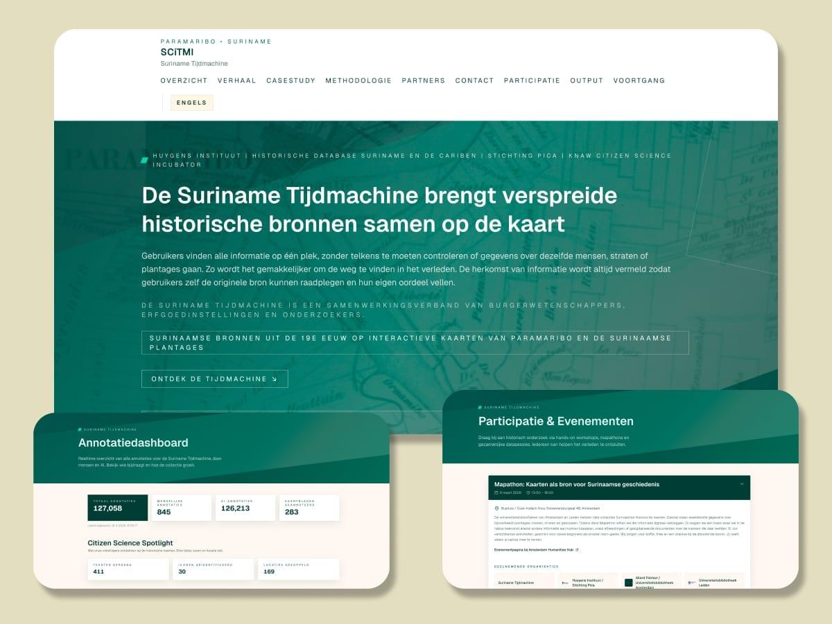Suriname Tijdmachine – Interactive heritage web platform reconnecting scattered historical Surinamese archives on georeferenced maps of Paramaribo and colonial plantation landscapes.