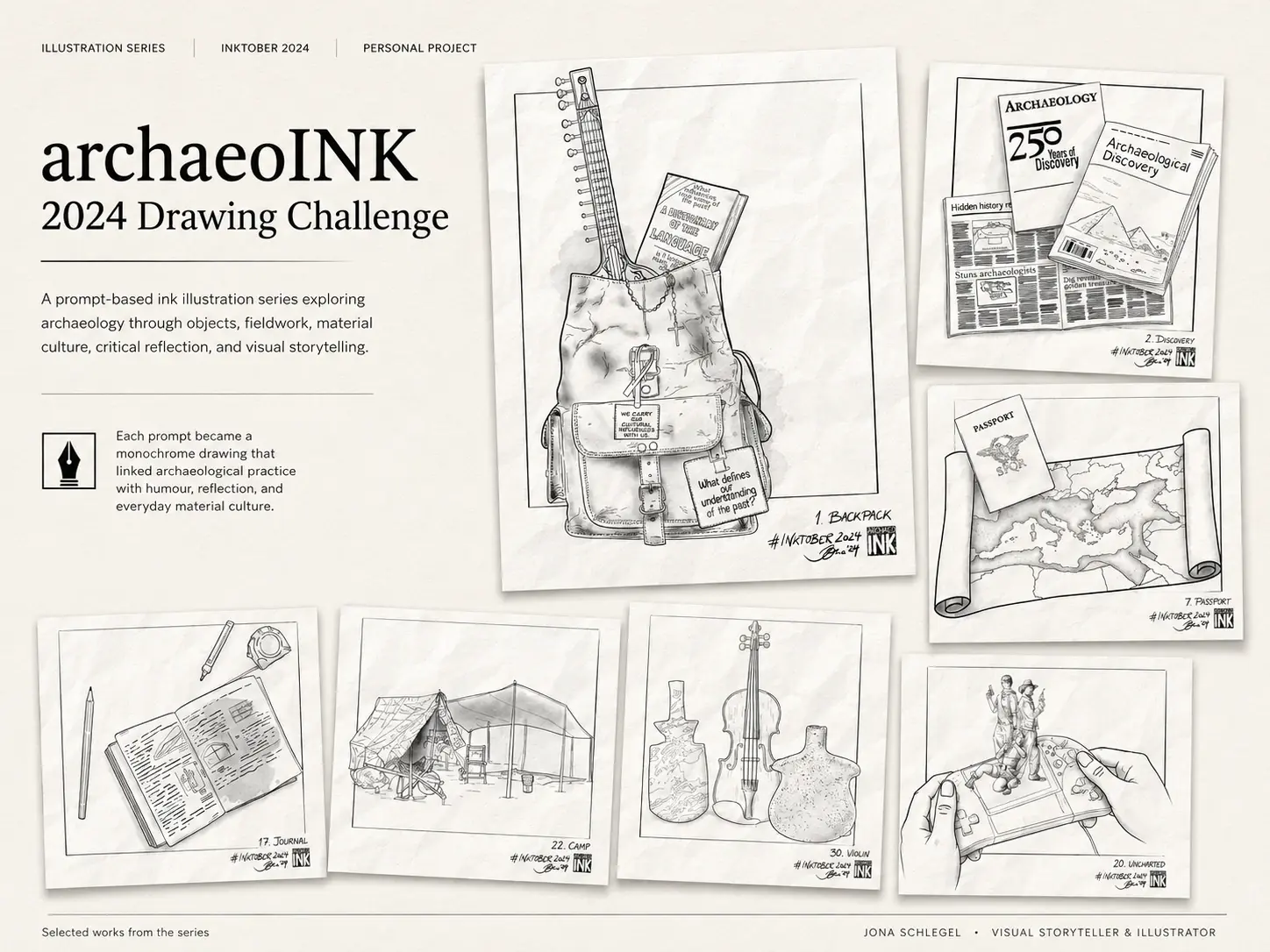 archInk Drawing Challenge 2024 – Conceptual archaeological ink drawings for the 2024 Inktober challenge — exploring cultural baggage, media sensationalism, empathy in field practice, and the future of heritage.